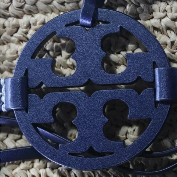 Tory Burch Leather Trim Basket Weave Drawstring Bucket Bag Blue - Picture 12 of 12